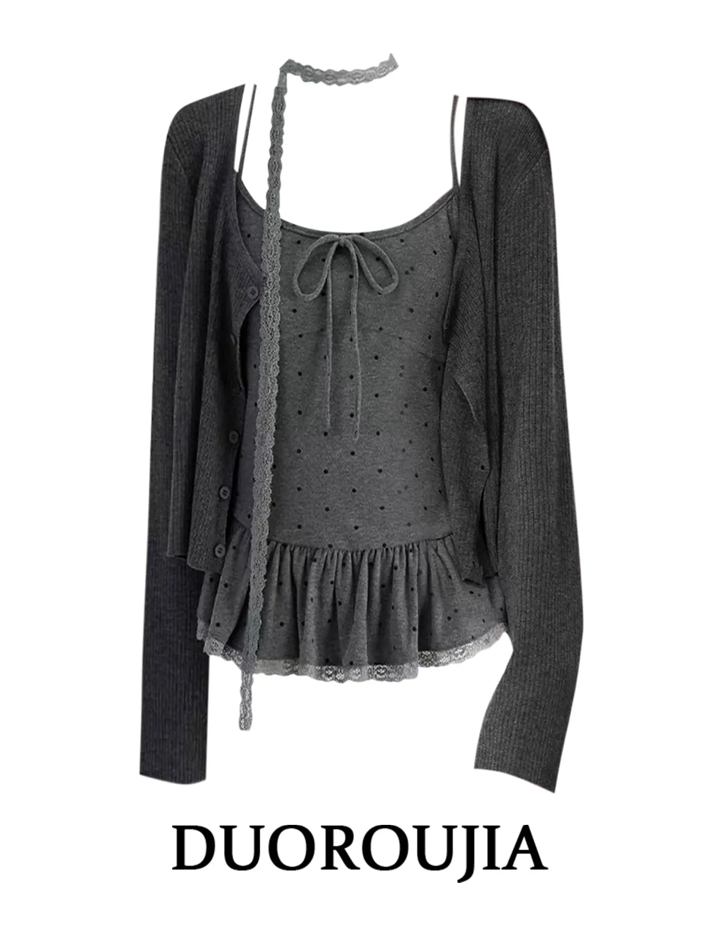 

plus Size Knitted Long Sleeve Polka Dot Cardigan Scarf Two Piece Set Sweet Spicy Casual Style for plus Size Women Autumn Wear