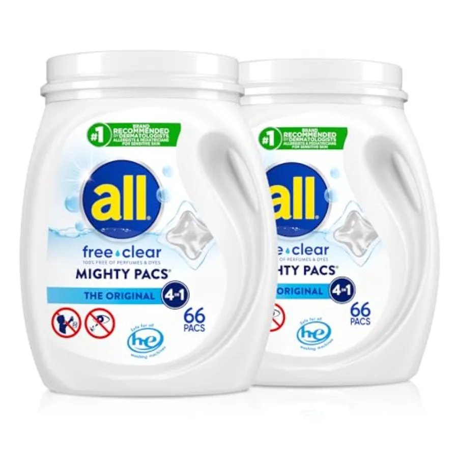 

all free clear, Original, MIGHTY PACS Laundry Detergent Pacs for Sensitive Skin, Unscented and Hypoallergenic
