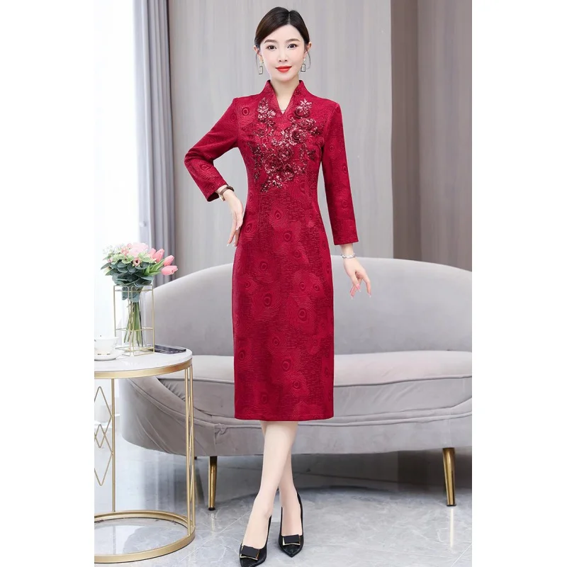 2023 New Fashion Red V-Neck Red Dress Women\'s Autumn Qipao Style Loose Fit Long Sleeve Holiday Wedding Dress Vestidos