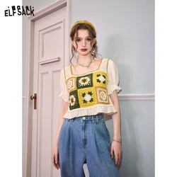 ELFSACK 2024 summer new arrival picnic travel vacation holiday soft comfortable fitted casual square collar Chiffon panels, squa