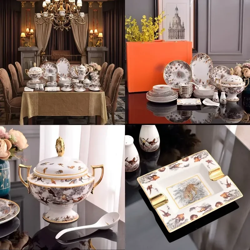 Wholesale Porcelain Dinnerware Set China Ceramic Designer Animal Pattern for 12 People Boxed Dinnerware Set