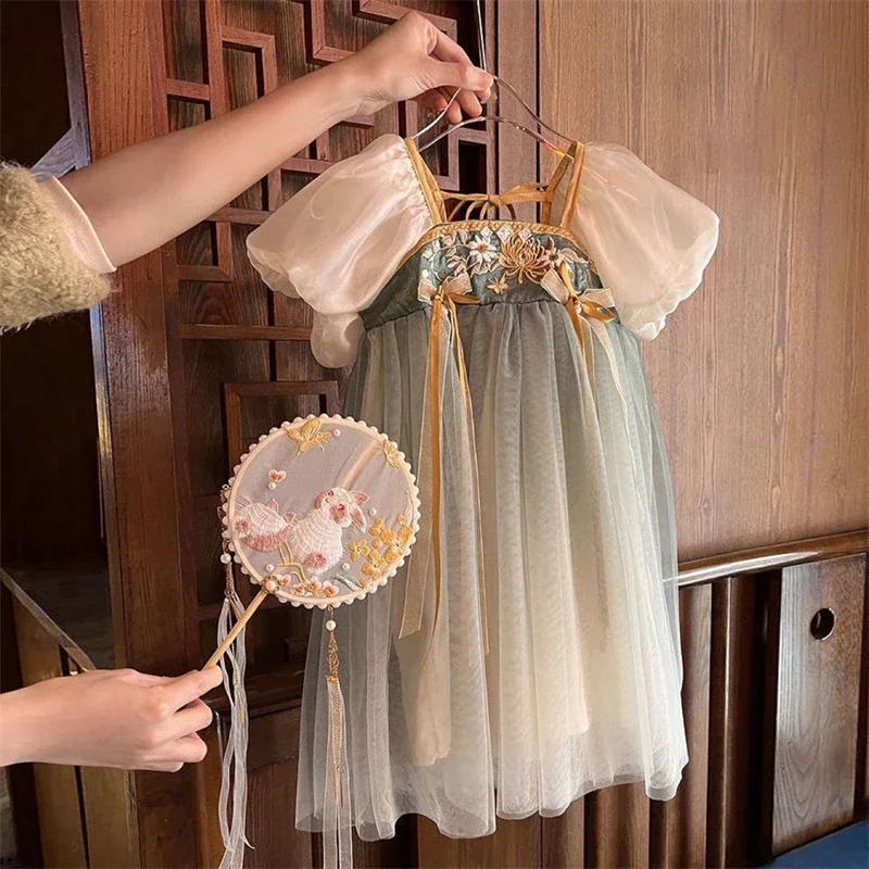 Girls' Hanfu 2023 New Retro Chinese Style Summer Dress Sisters'  Children's Ancient Clothing Baby Girl Princess Skirt 2-10Y