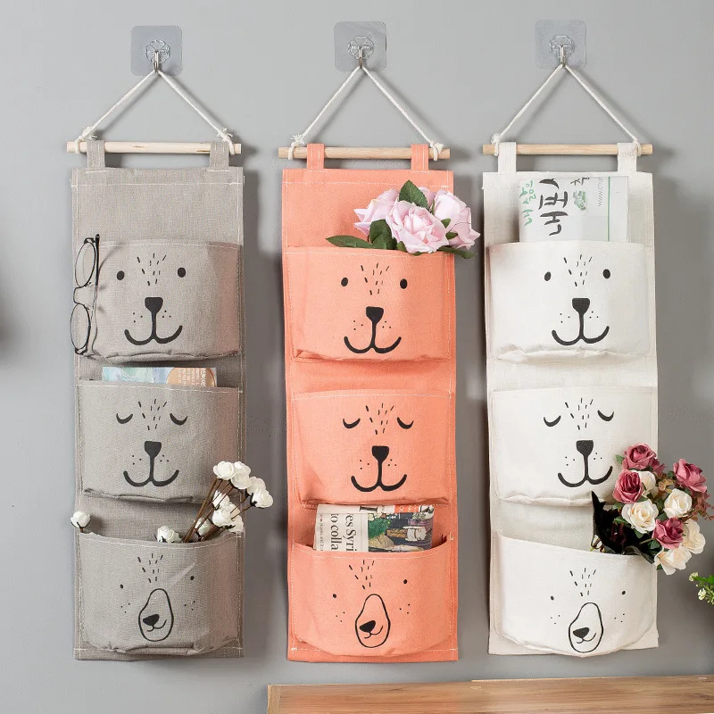 

Linen Fabric Over The Door Organizer, 3-Pocket Hanging Storage Bag for Shoes Closet Wall, Hanger Shelves