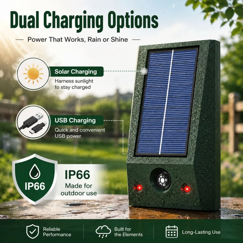 USB Solar Rechargeable Ultrasonic Pest Repeller LED Flash Waterproof Outdoor Deterrent for Birds Pigeons Rats Yard Farm Garden