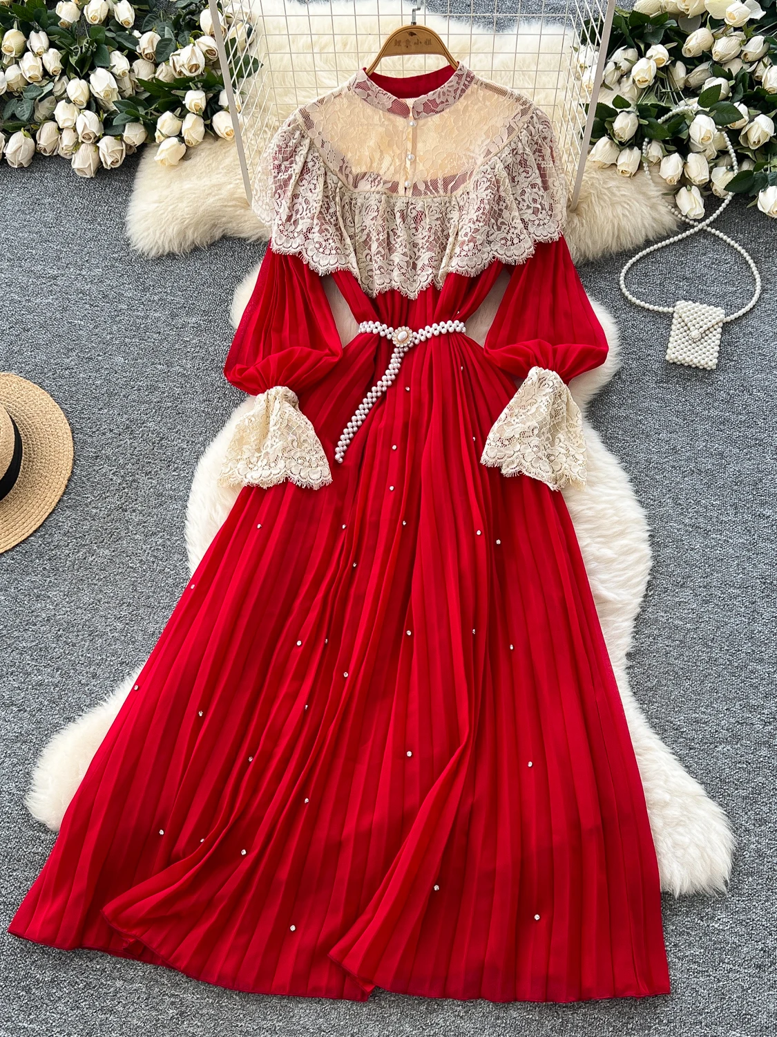 Vestido E com Mangas Lanternas para Mulheres, Vestido Longo de Verão em Renda com Design de Barra em Camadas, Cintura ...