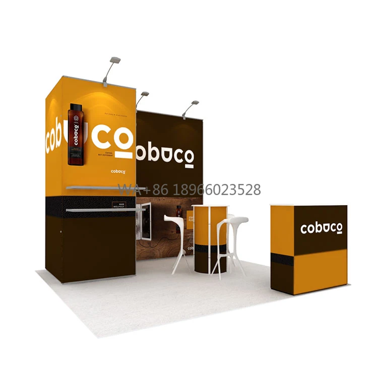 Cabine de suporte modular forte 3X3 com estrutura de alumínio de 5 cm de espessura com suporte para TV e sala de armazenamento