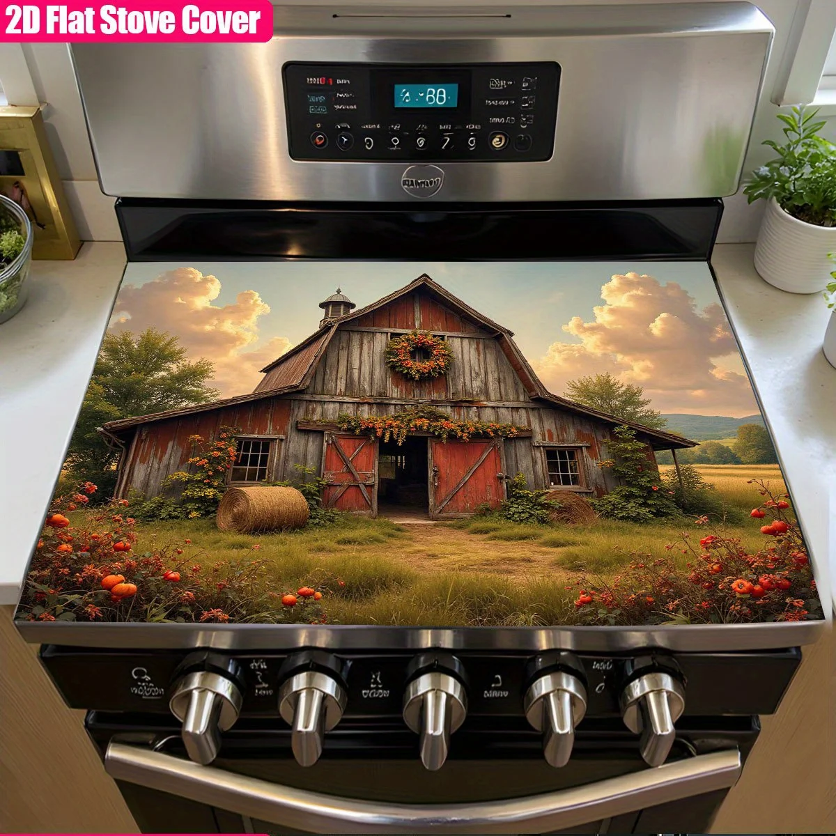 

Рождественский красный коврик-накладка на плиту в виде сарая, термостойкий, нескользящий, для электрической плиты, декор для кухни в стиле фермерского дома