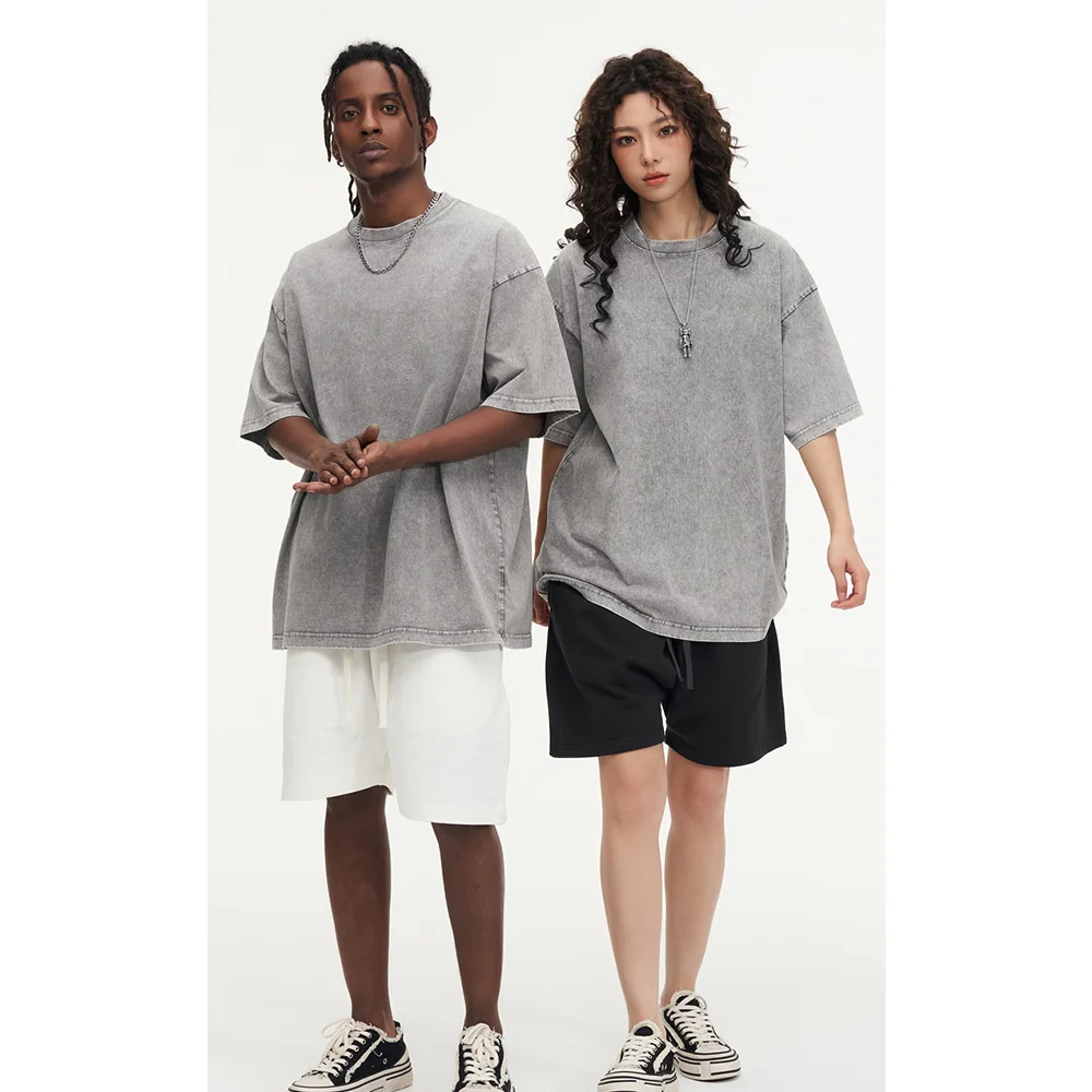 230G Cotton Retro T-shirt Drop-shoulder Sleeve Men Women Vintage Short-sleeve T Shirts Solid Color Hip Hop Loose Tees image 2