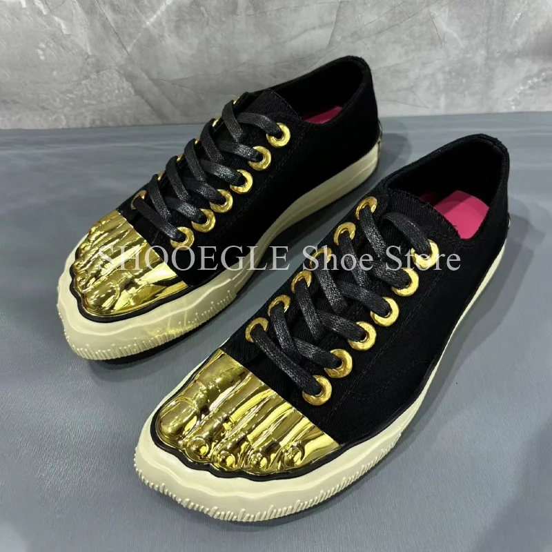 

Gold Five-toed White Canvas Shoes for Men Lace-Up Low Top Shoes Breathable New Style 2024 Casual Flat Couple Shoes