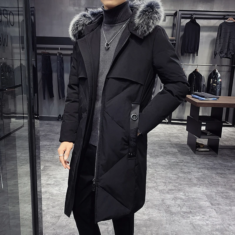 

Men's long down jacket, fox fur collar, white duck down filling, three-dimensional cutting, casual warm down coat