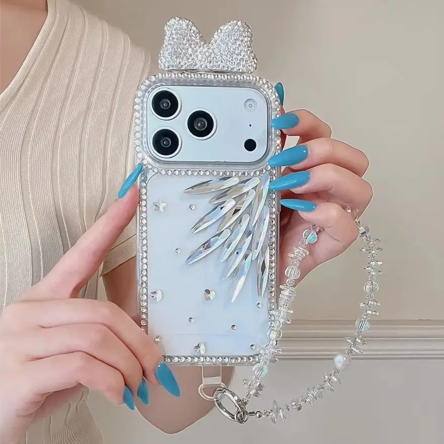 Luxury Coquette Rhinestone Bow Wing Crystal Clear Phone Case for 17 Pro Max Elegant Bead Wrist Strap Cover for iPhone 16 15 14