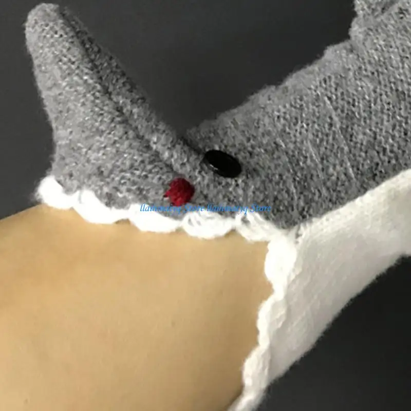 

573B Unisex Christmas Crochet Knit Cartoon Calf Socks Novelty Funny Wide Mouth Gray Shark Animal Warm Floor Slipper