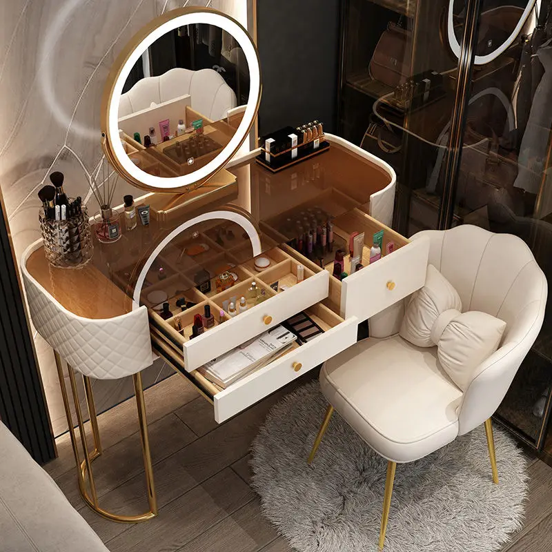 

Luxury Glossy Vanity Table Dest Mirror Chair Cheap Europa Glass Dressing Table White Small Makeup Tafel Furnitures For Bedroom