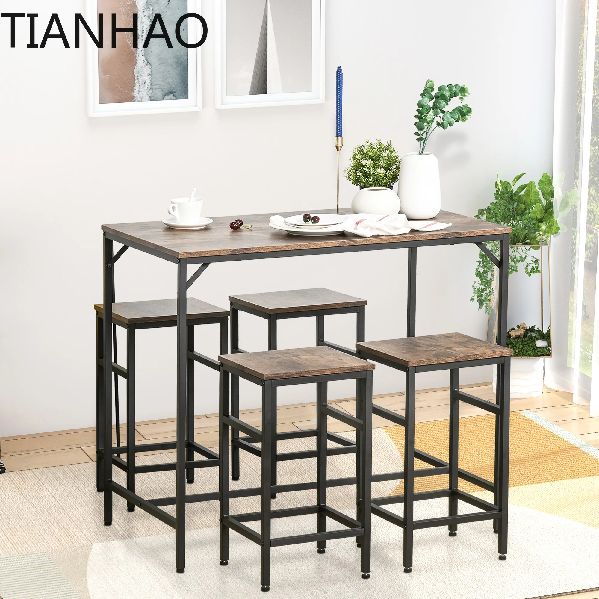 HOMCOM Industrial Rectangular Dining Table Set with 4 Stools for Dining Room