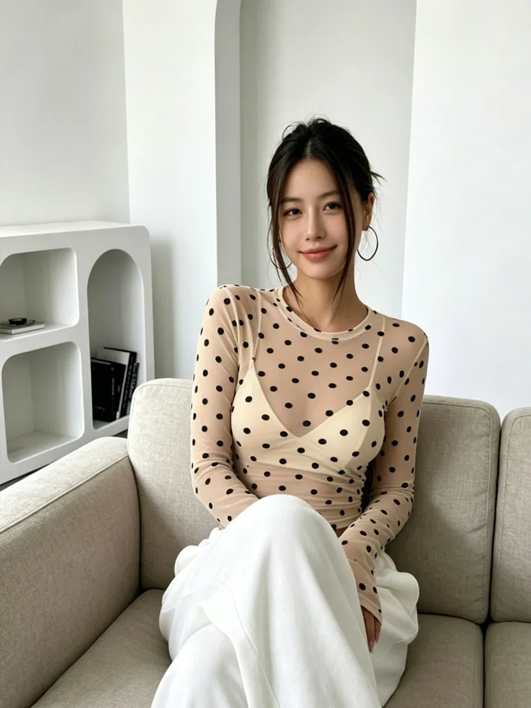 Summer women's sexy hot girl storm point mesh long sleeved T-shirt slim fit perspective simple top