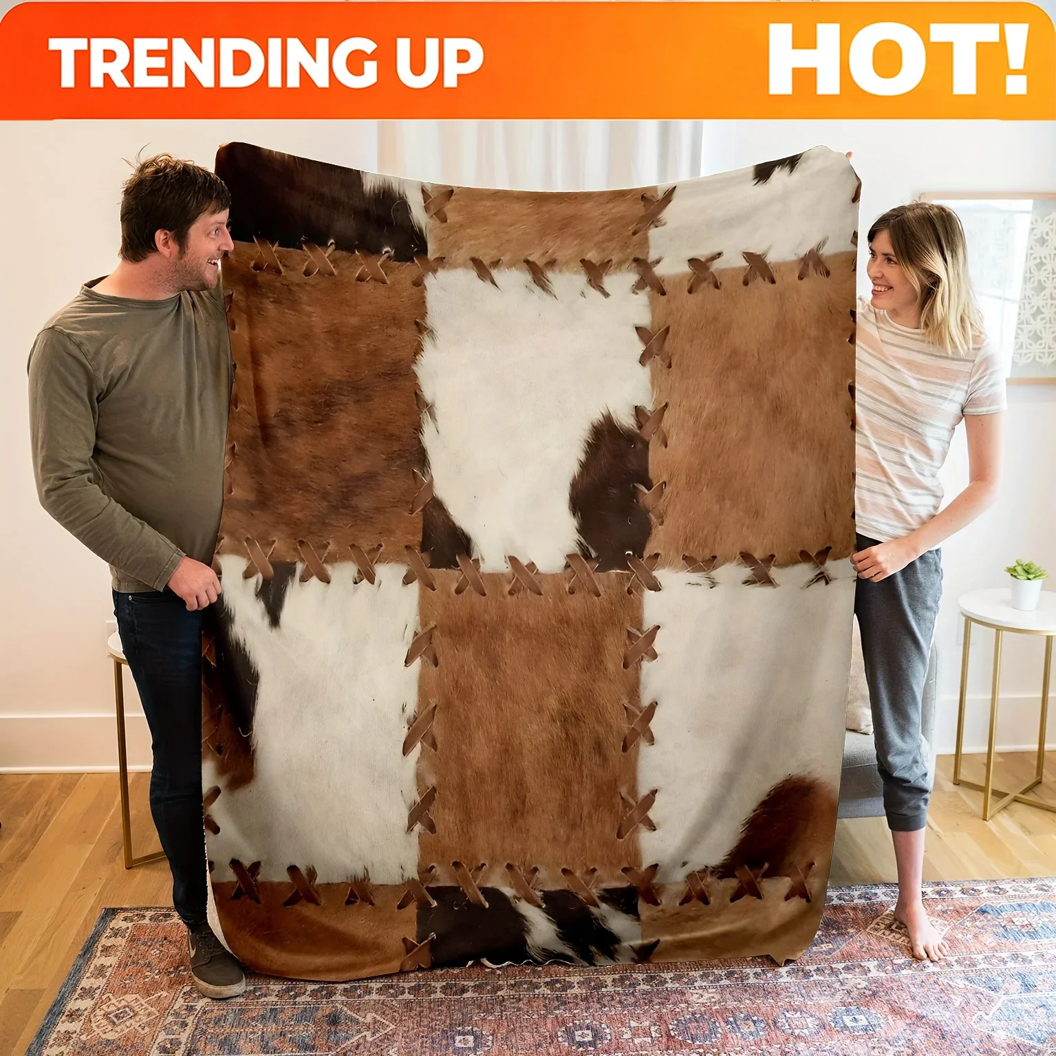 Customization Faux Cowhide Flannel Blanket Designed With Stitched Accents Ideal For Rustic Living Room Decoration Providing Plus