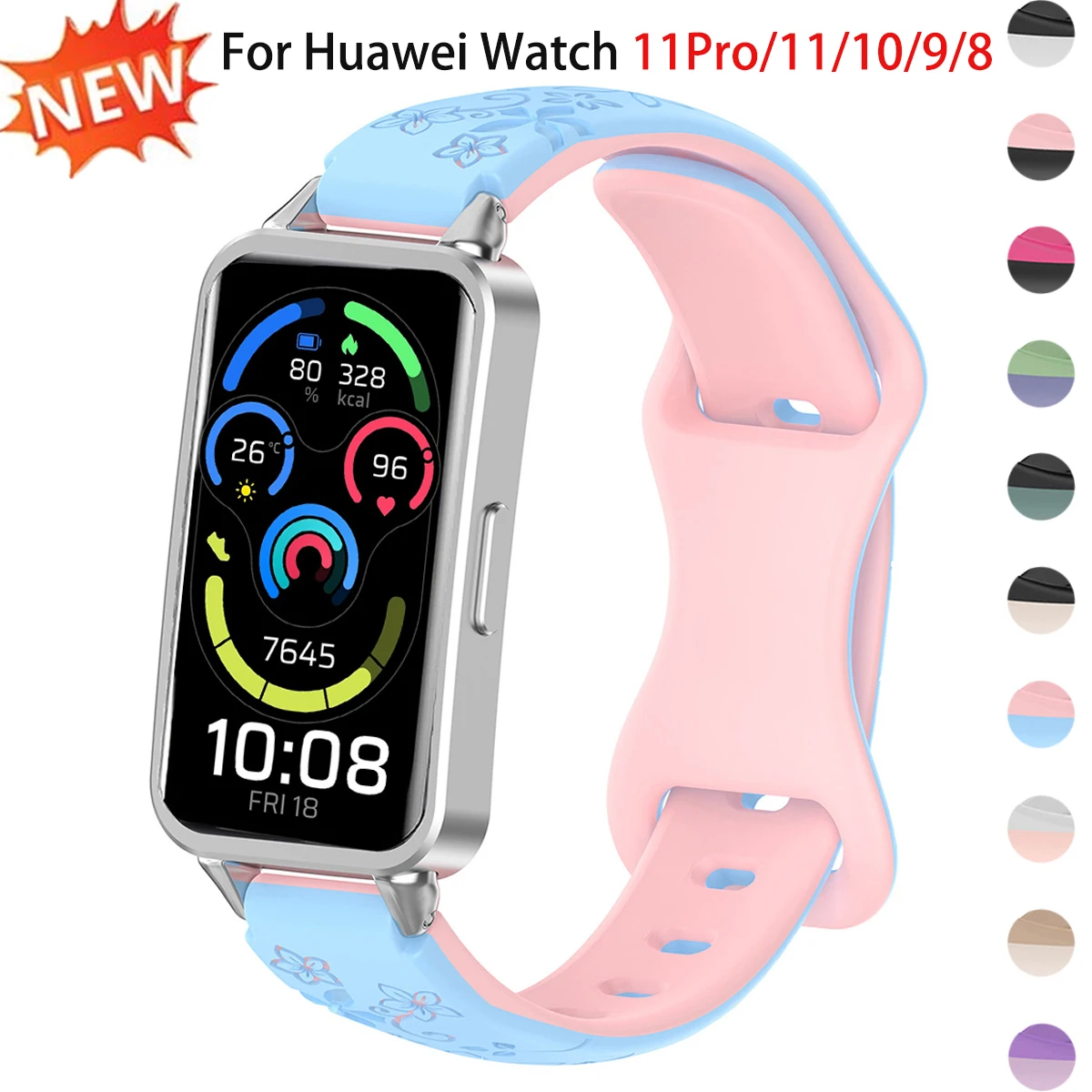 Graviertes Blumenarmband für Huawei Watch 11/11 Pro, zweifarbiges Silikonband für Huawei Watch 10/9/8, Damen-Sportarmband-Zubehör