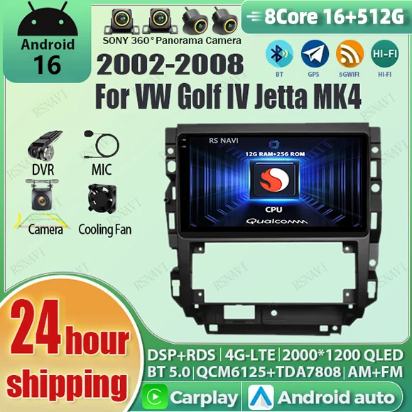 Reproductor Multimedia Android 16 para Volkswagen VW Golf 4 IV Jetta MK4 Classics 2002-2006, Carplay, Autoestéreo, Radio para Auto, 2K QLED DSP