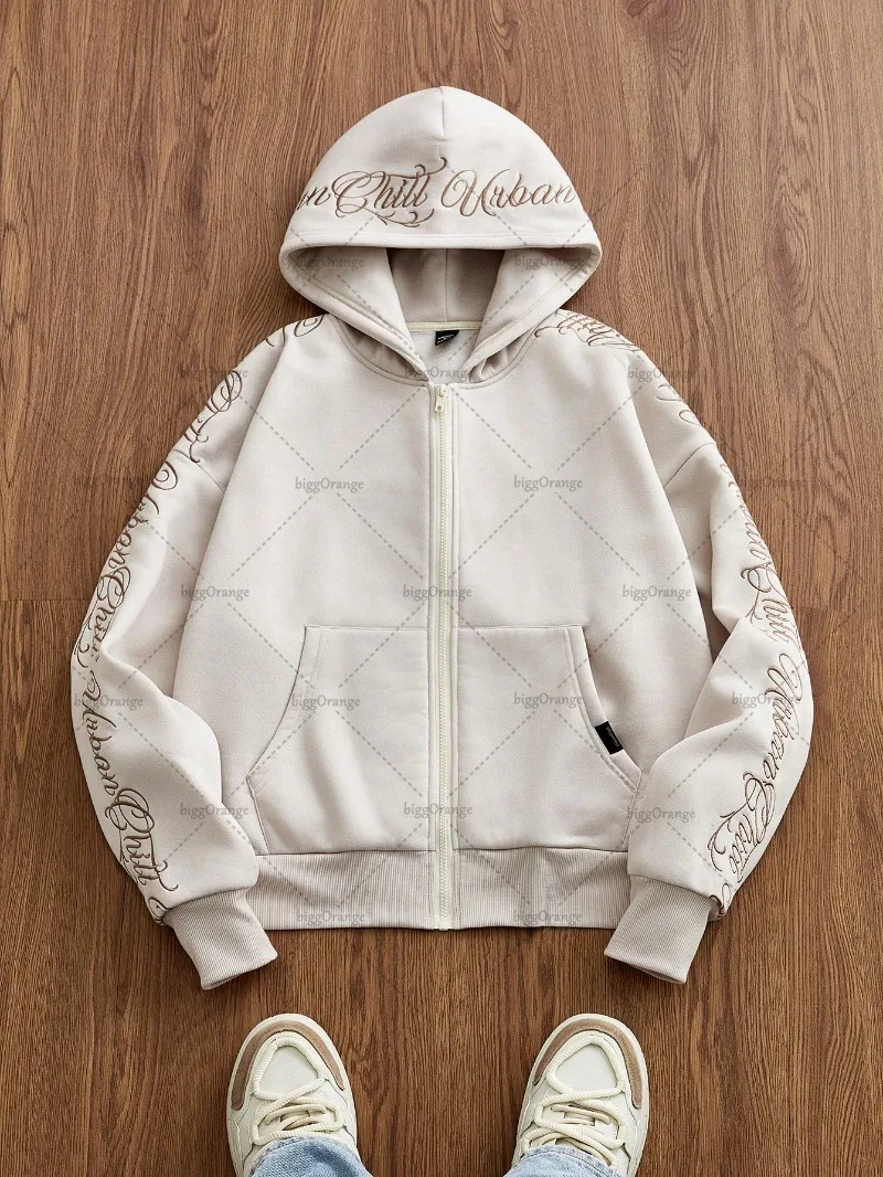 هاي ستريت تريند ملابس الشارع الشهير للرجال الأمريكية الرجعية إلكتروني التطريز عادية قلنسوة بسحاب هوديي Harajuku Y2K البلوز المتضخم