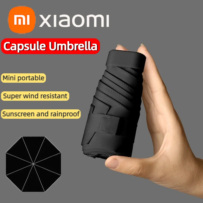Xiaomi Ultrakompakter Mini-Regenschirm mit schwarzer Beschichtung, tragbare Tasche, Sonne, Regen, doppelter Verwendungszweck, leichter Reiseschirm für Damen und Herren