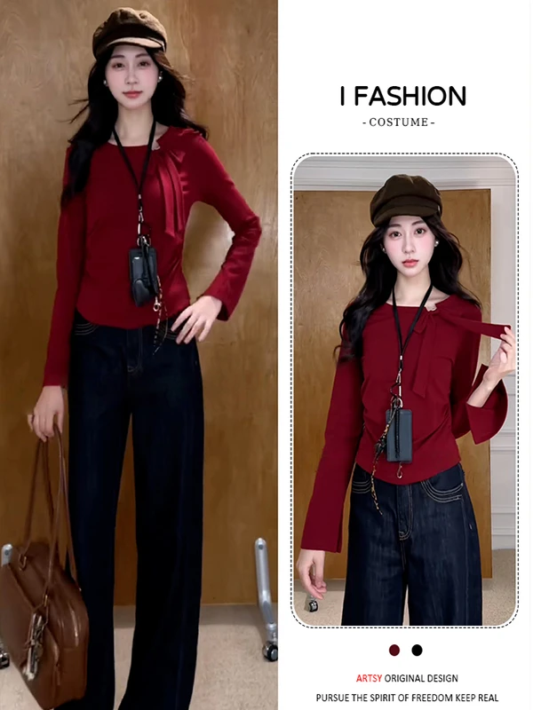 여성용 빈티지 스타일 캐주얼웨어 편안하고 통기성 좋은 가을 신상품 순면 긴팔 티셔츠