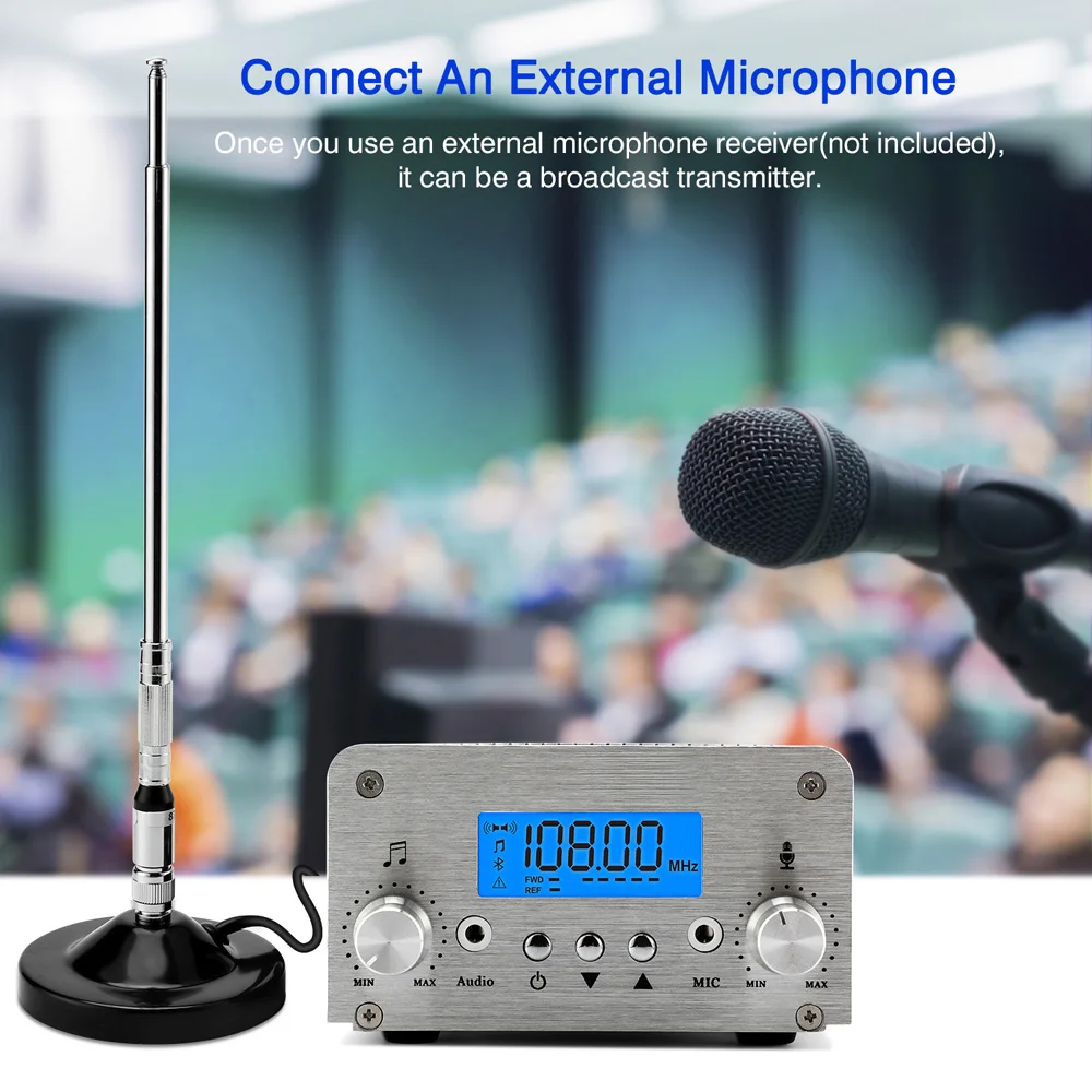 

Professional 15W PLL Stereo FM Transmitter with LCD Display Bluetooth Wireless Audio Broadcast Radio 87~108MHz Hot Sale