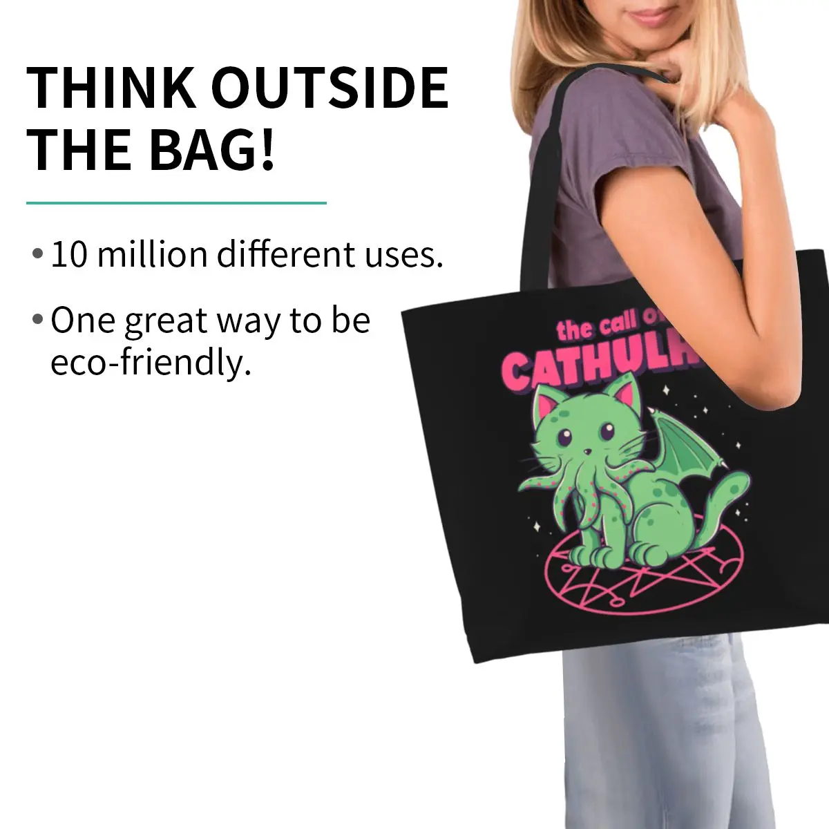 The Call Of Cthulhu Groceries Shopping Tote Bag  Cute Lovecraft Monster Cat Canvas Shoulder Shopper Bags Large Capacity Handbag