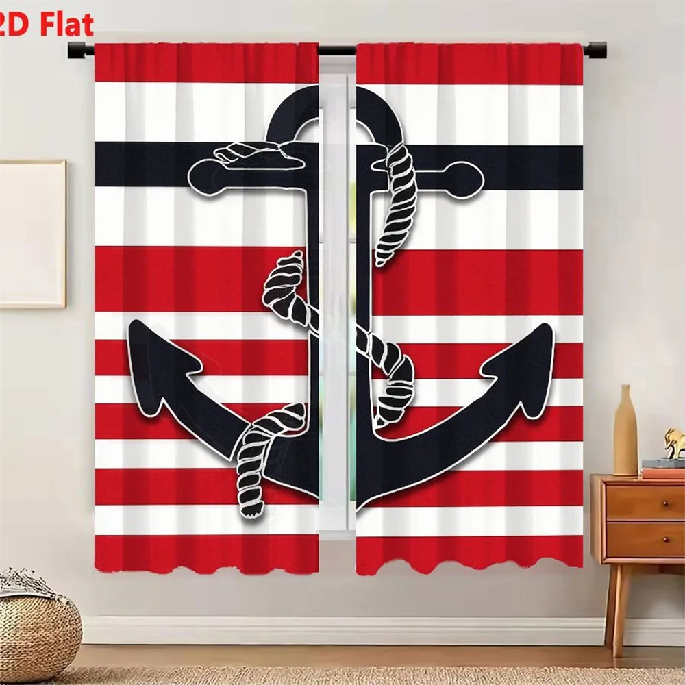 2Pcs Curtains 2D Flat Dark Blue Black Nautical Anchor With White Rope Wrapped Shank And Flukes On Horizontal Red White Stripes B