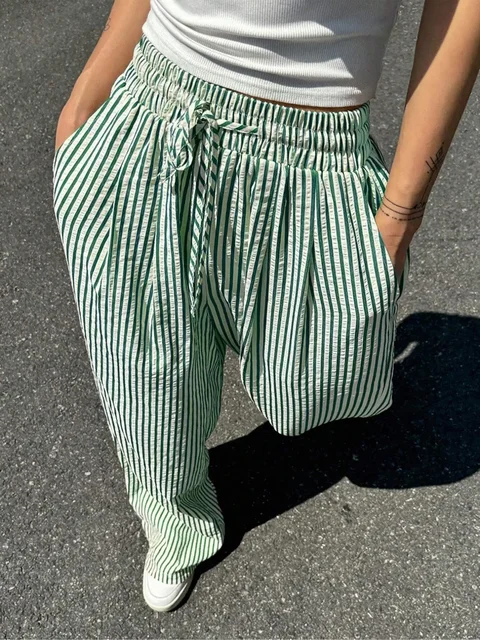 Plus Size Women's Fashion 1XL-5XL Comfortable Striped Drawstring Casual Pants Loose Stretch Mid Waist Tracksuit Pants