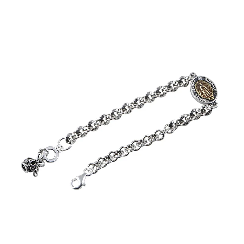 S925 Sterling Silver Cross Circle Bracelet, Vintage Oxidized Craft, Punk Style, Unisex Chain Bracelet, Trendy Daily Jewelry