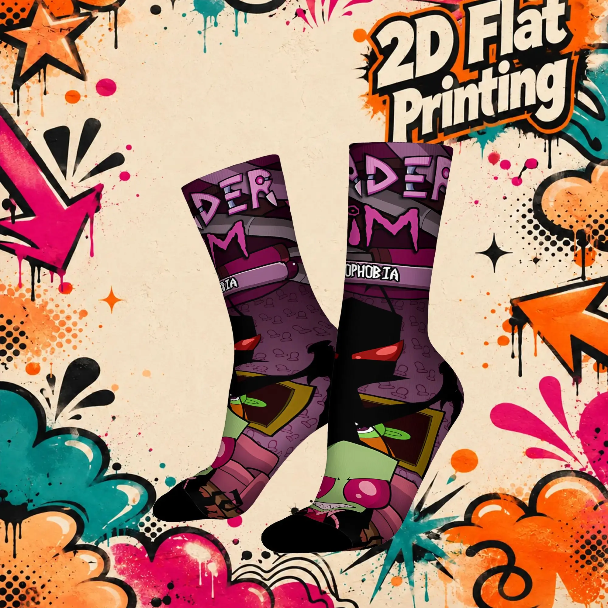 Invader Zim Anime Vintage  Street Style Novelty Pattern Crew Winter Sock Sports Socks