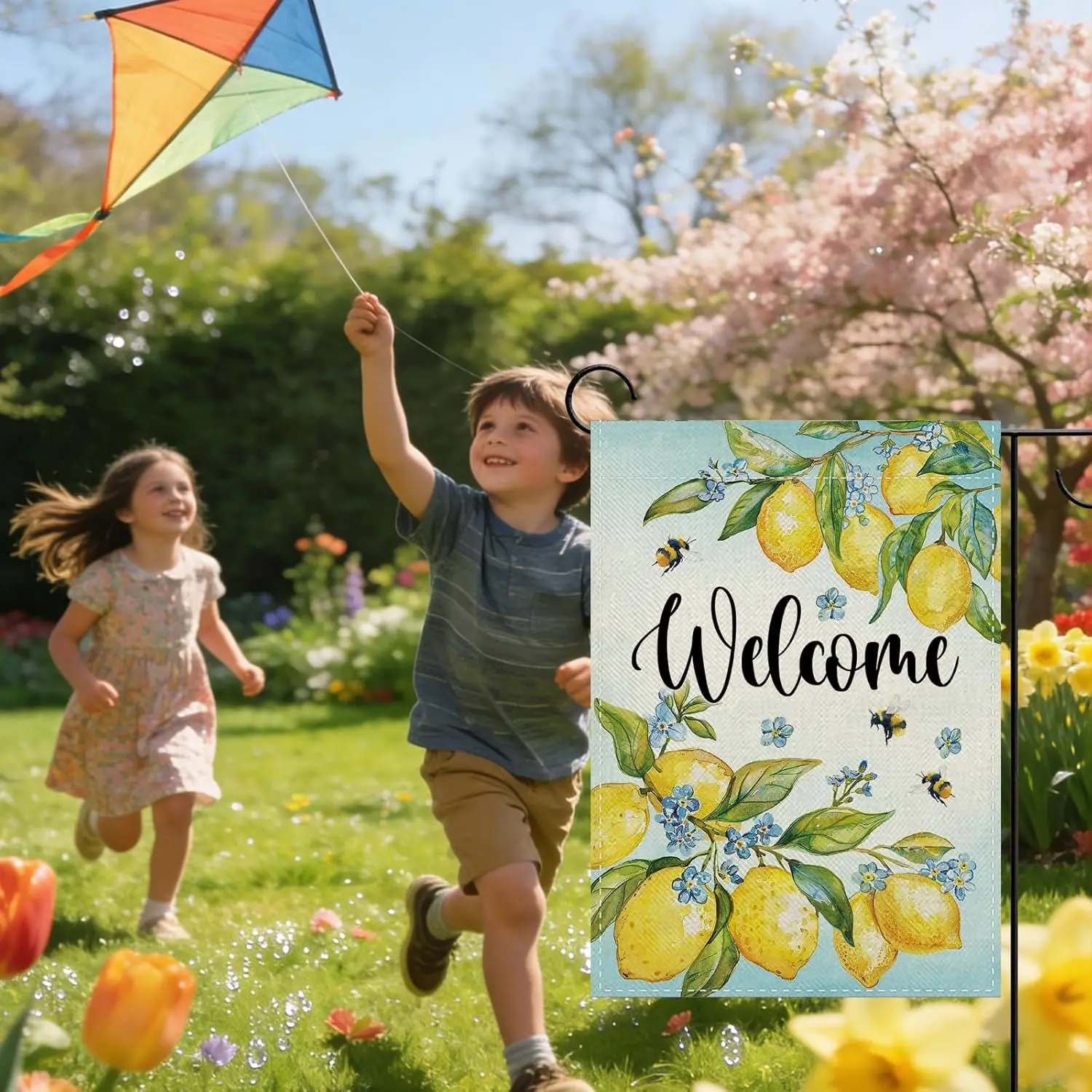Welcome Spring Summer Lemon Decorative Garden Flag, Watercolor Citrus Fruit Floral Bee Small Yard Outside Decorations, Flowe ZZM
