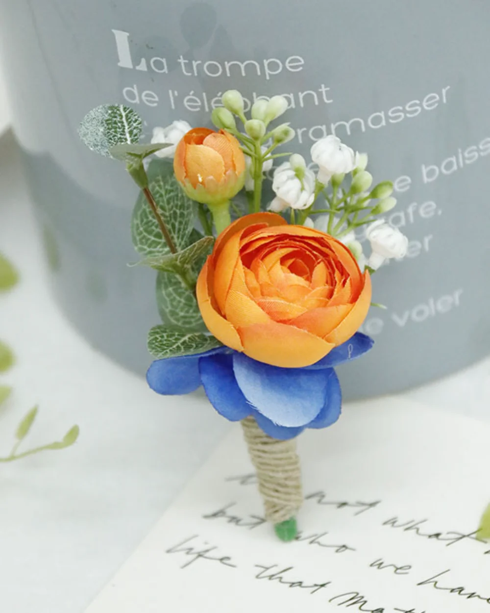 Classic Orange and Blue Flowers Wedding Boutonnieres for Groomsen Silk Peony Pins Vintage Brooch Party Bridal Decor Accessories