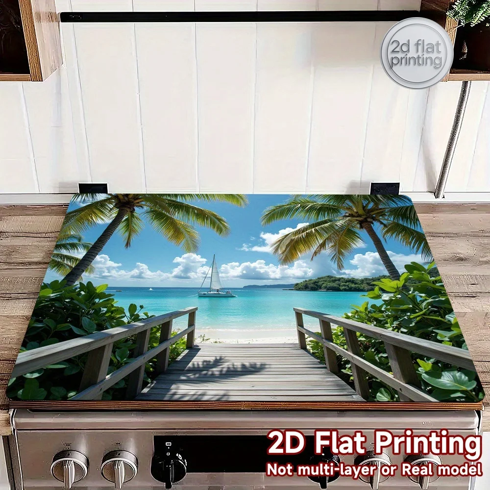 1 tapete protector para estufa de playa tropical | Diseño de Cocotero en el Océano Turquesa, Antideslizante, Plegable para Placa de Inducción, Vitrocerámica