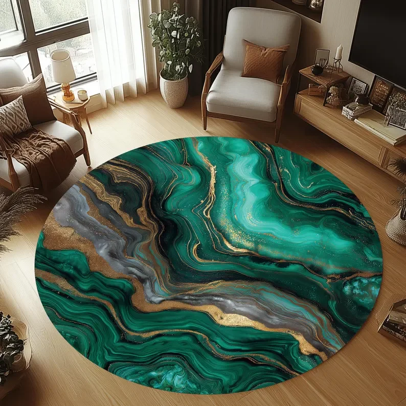 Blue White and Gold Marble Round Rug Non-Slip Base Floral Non-Slip Rug Green Round Carpet Non-Slip Floor Living Room Bedroom Mat