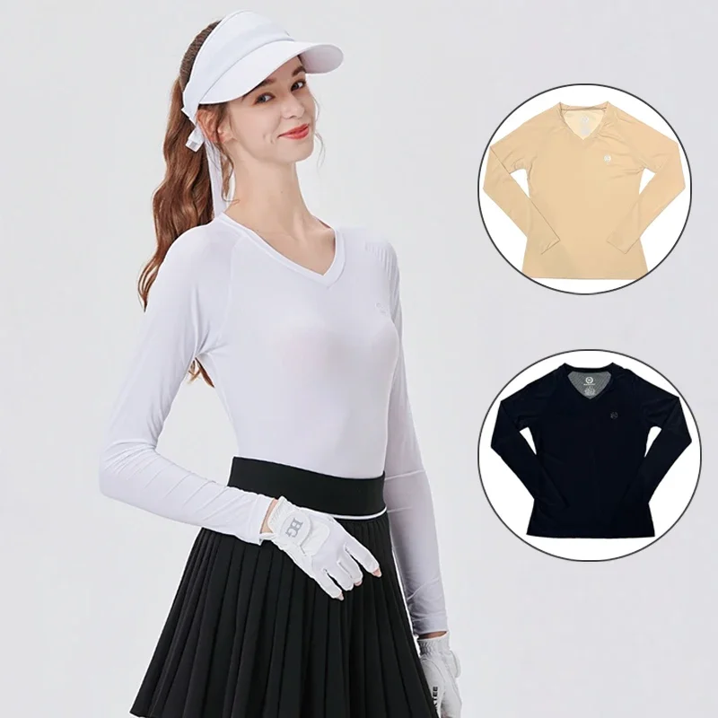 

Blktee Golf Quick Drying T-shirt Women's V-Neck Sunscreen Bottoming Tops Summer Cooling Ice Silk Long Sleeve Underwear S-2XL