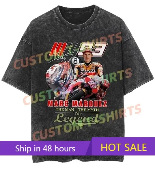 

2025 retro washed old heavy cotton solid color short-sleeved Tshirt summer loose top tide No. 93 Motor Mar-quez T-shirt