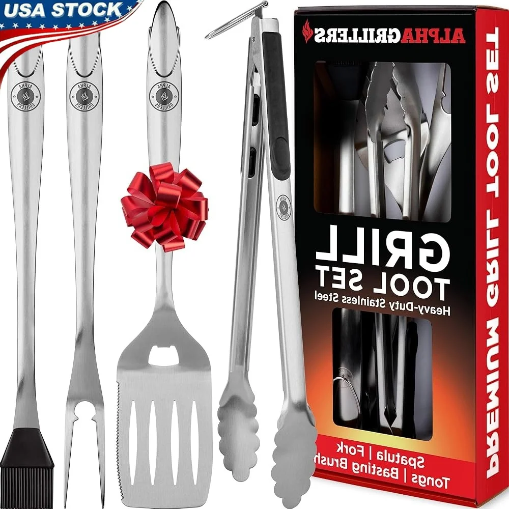 

BBQ Grilling Tools Set Heavy Duty Stainless Steel Utensils Spatula Fork Brush Lockable Tongs Perfect Fathers Day Gift Men