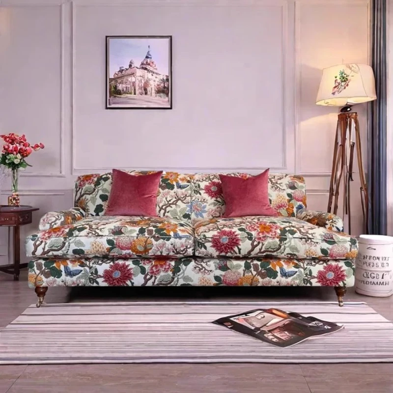 

American retro pastoral flower cloth pastoral high-back sofa chair small apartment living room French medieval straight row