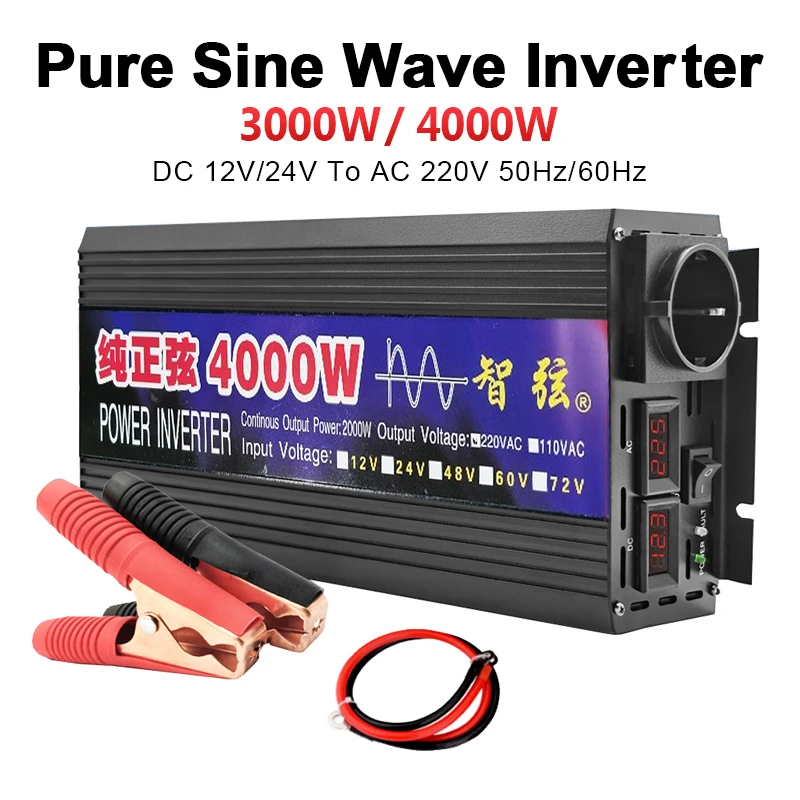 3000W 4000W Pure Sine Wave Inverter DC 12V 24V To AC 220V 50Hz 60Hz Solar Car Inverters Portable Power Converter For Home And RV