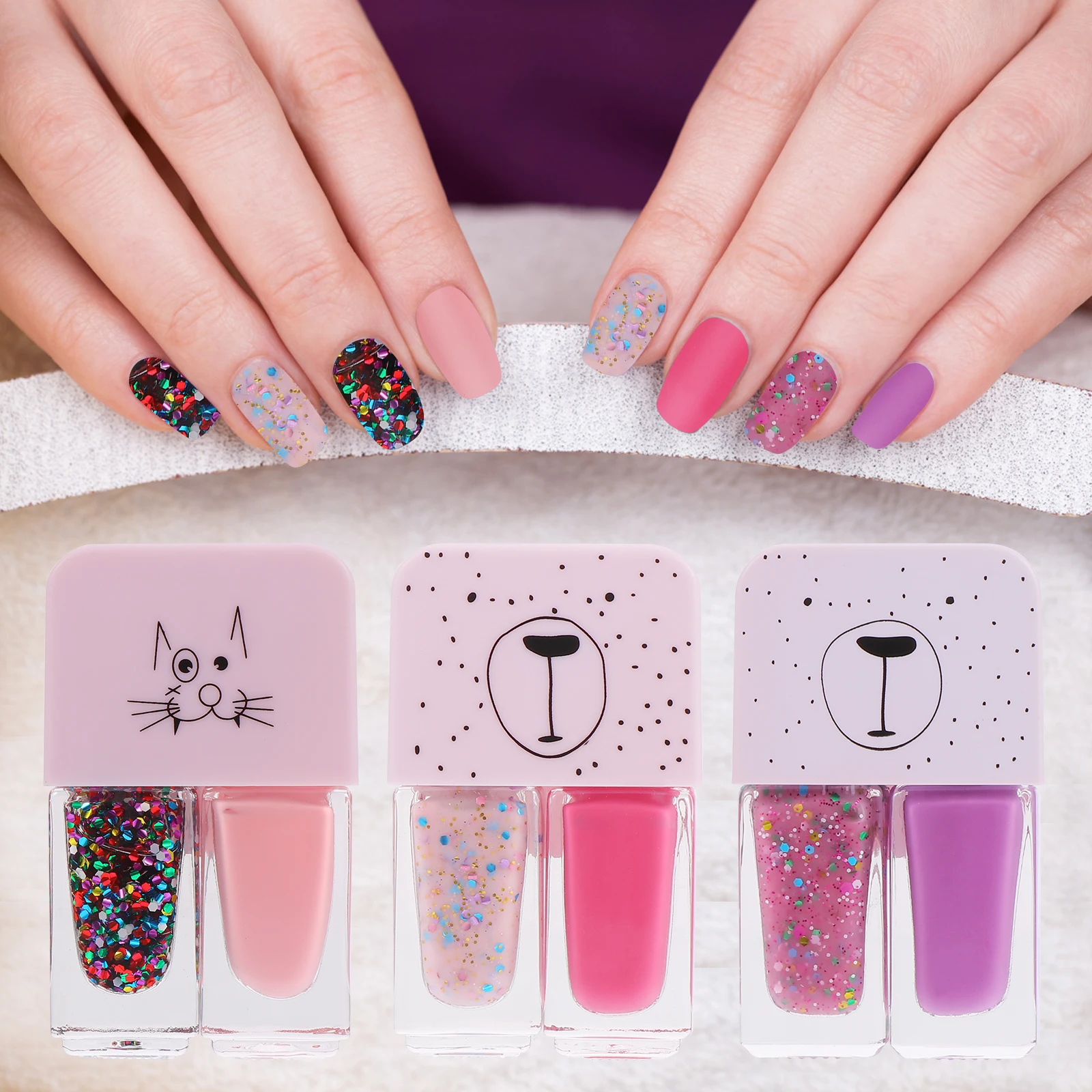 

3pcs Bright Color Polishes Long-Lasting Quick Dry Diy Nail Polish Decors For Women Girls Non-Tearable Two In One Free-Bake