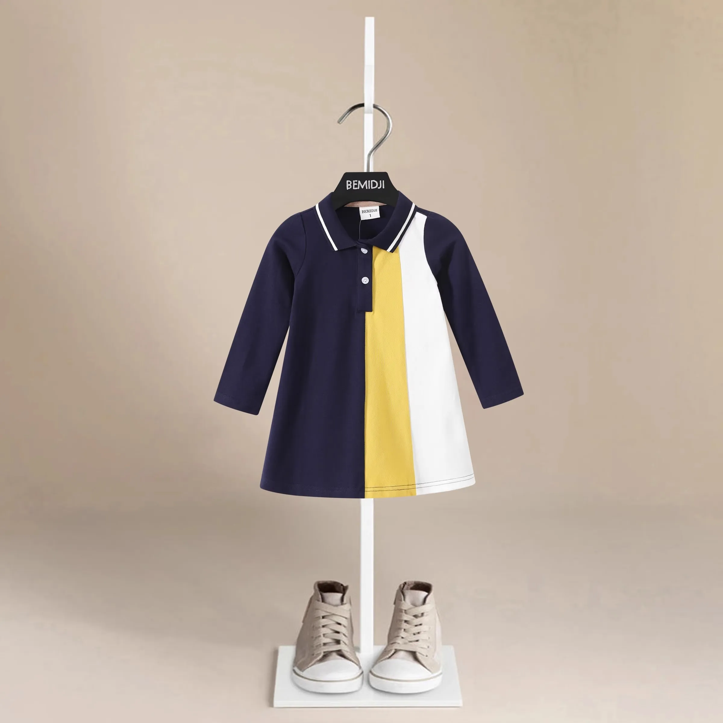 

Summer Girl Dress Patchwork Solid Color Polo Neck Dresses Striped A-line Skirt Princess Skirt Soft Comfortable Children Clothes