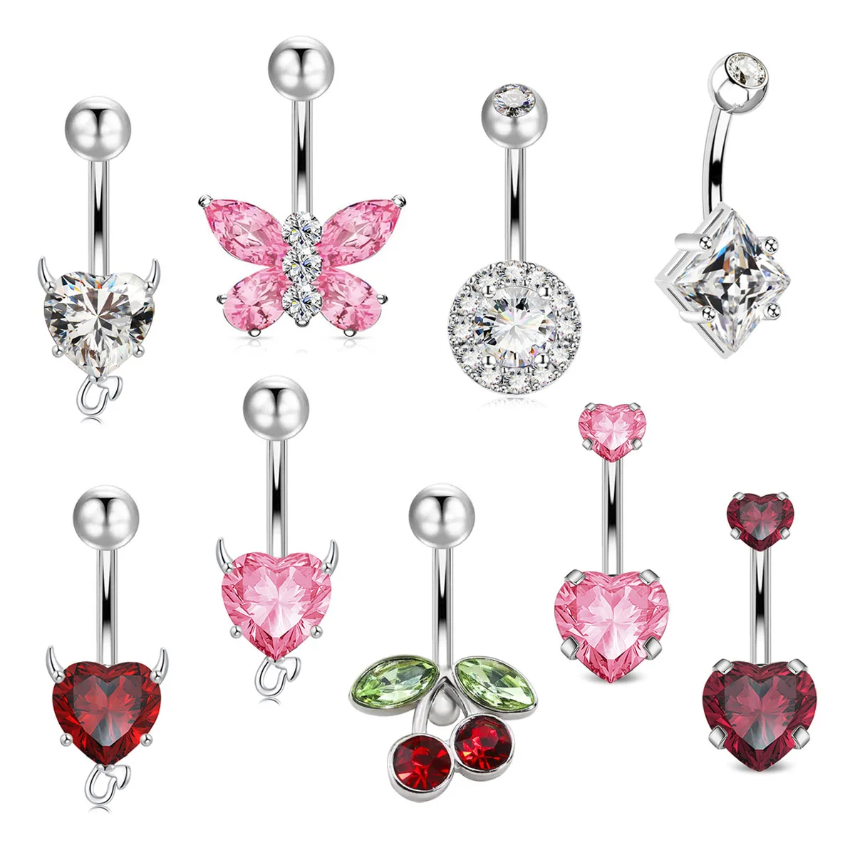 3pcs/Set Stainless Steel Color Cubic Zirconia Navel Rings Round Butterfly Heart Cherry Shapes Fashion Body Piercing Jewelry