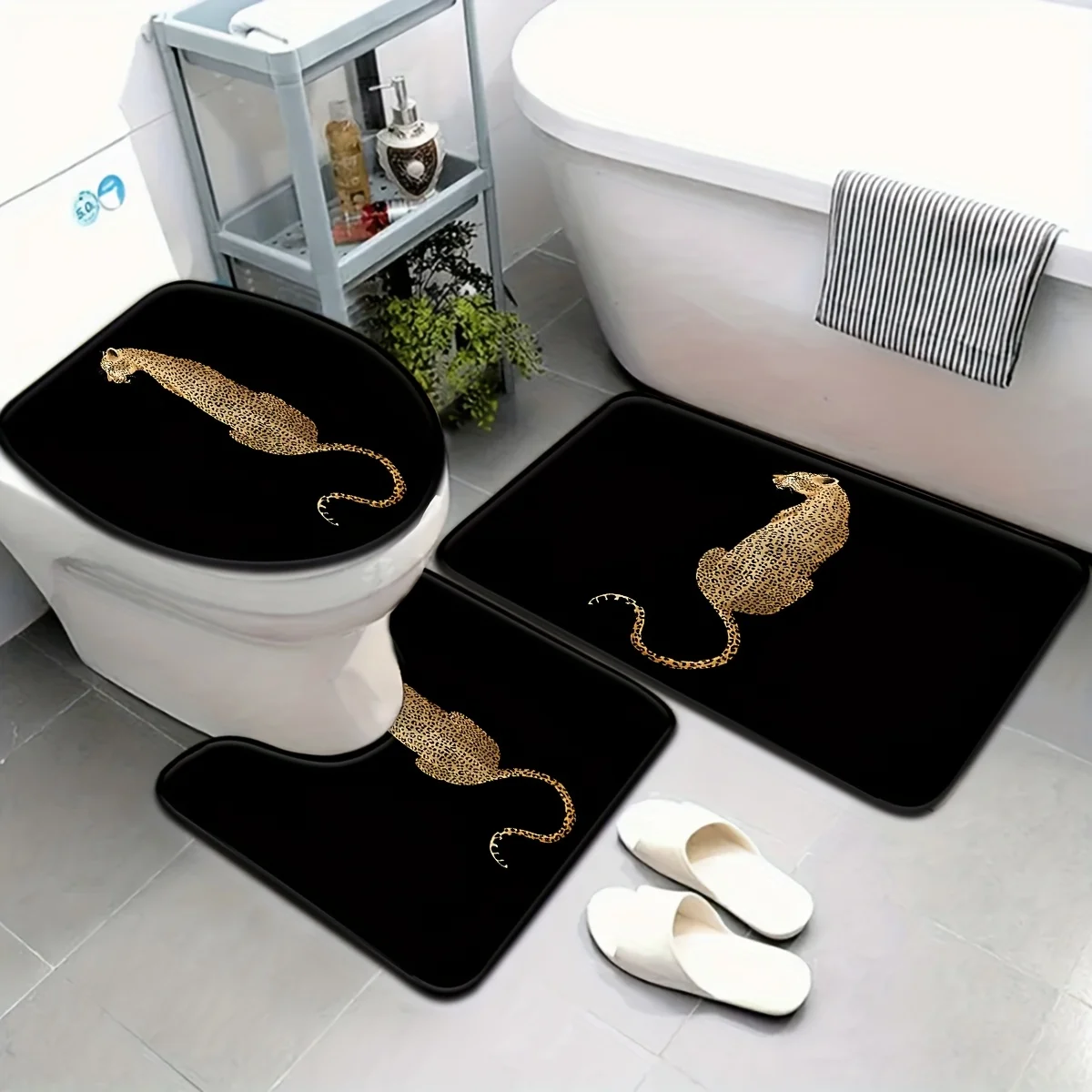 

Mysterious Golden Leopard Black Bathroom Floor Mat Set 3pcs Non-Slip Absorbent Toilet Lid Cover and U-Shaped Rug