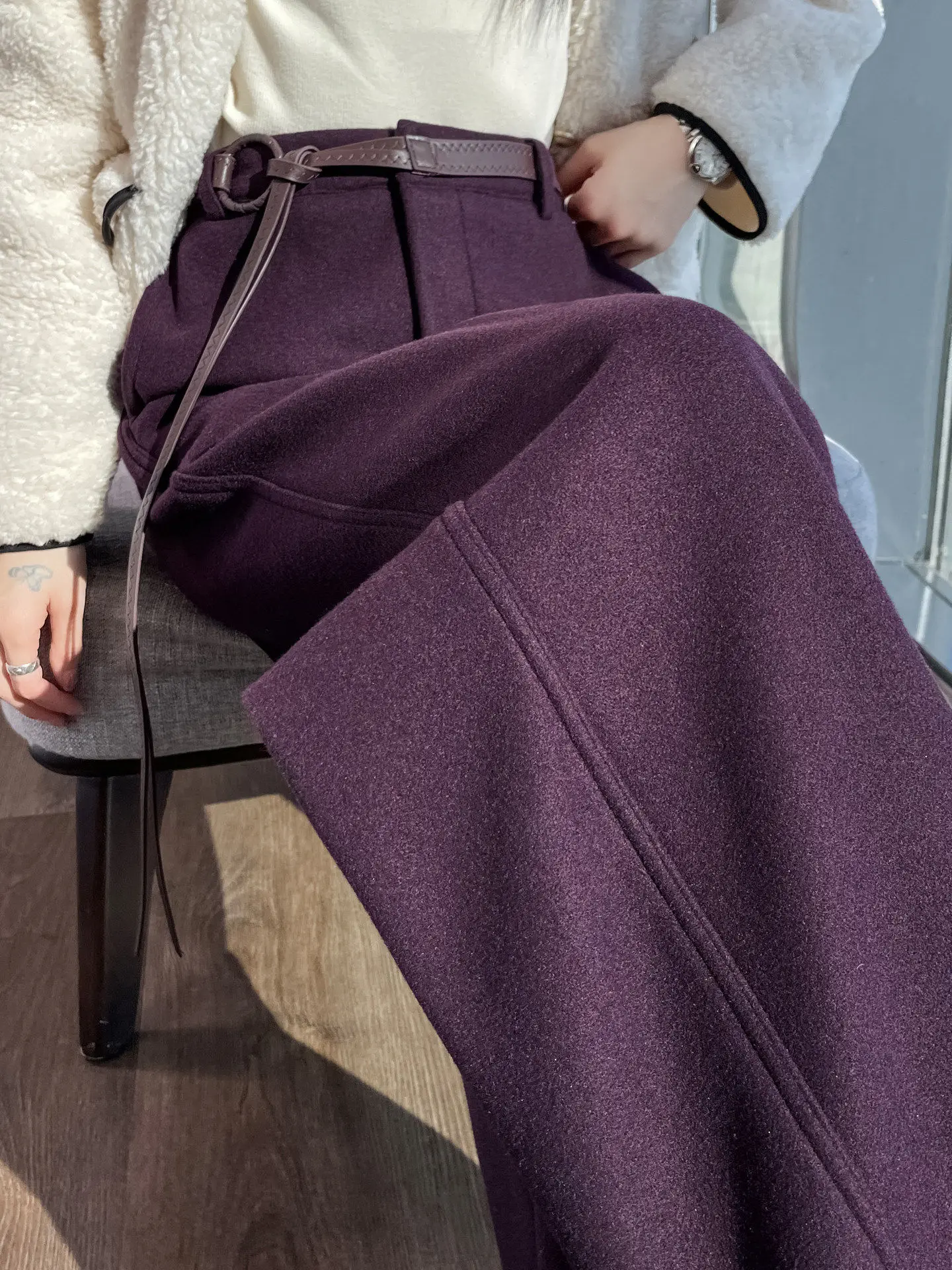 

Фиолетовые утепленные шерстяные брюки с флисовой подкладкой, широкие, женские, с высокой талией, прямые, струящиеся, повседневные, в деловом стиле, асимметричного кроя