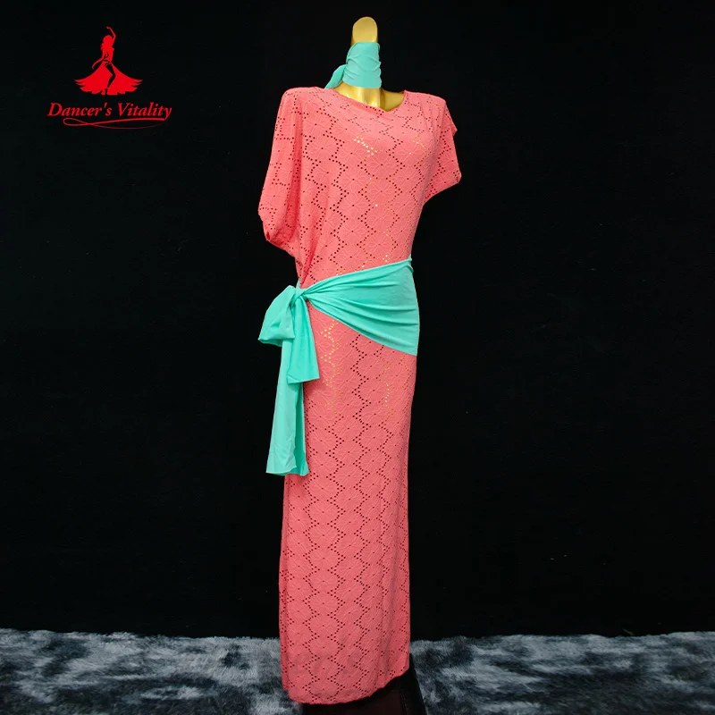 Traje de dança do ventre feminino solto e elegante robe + lenço + lenço de quadril 3 peças adulto confortável roupas de prática de algodão puro