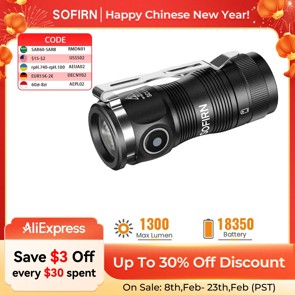Sofirn SC13A Black 519A LED 1300lm Anduril 2.0 Mini EDC 18350 Flashlight 5000K Keychain Emergency Torch