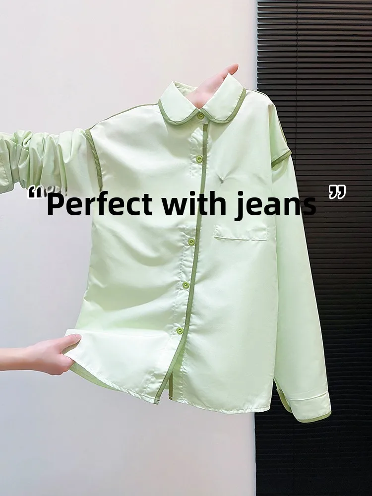 

Retro American Hong Kong Style Spliced Green Doll Collar Women's Shirt Spring Fashion Top Layered Base Layer Shirt Autumn Winter