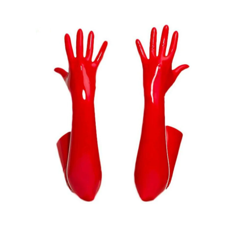 Unisex Pvc Latex Rubber Handschoenen Pols Naadloze Gevormde Schouderlengte Zwart En Rood Lange Sexy Fetisj Handschoenen Voor Mannen Vrouwen