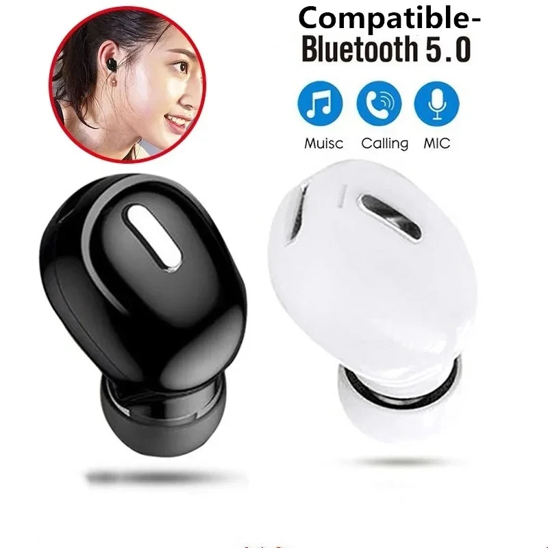 Earphone nirkabel Mini kompatibel Bluetooth 5.0, Headphone olahraga Mini dalam telinga tunggal untuk Huawei Xiaomi Stereo